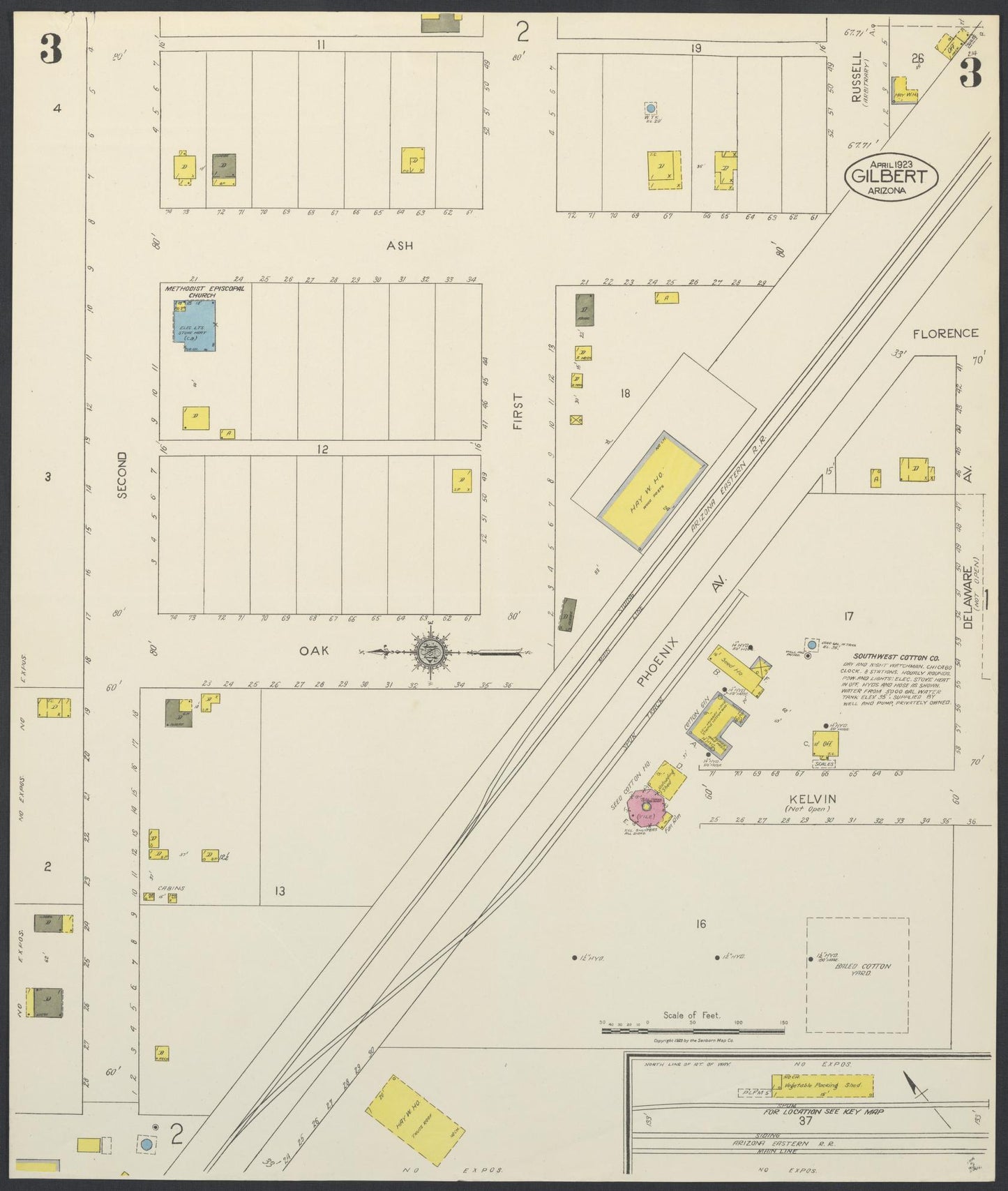 Sanborn Fire Insurance Map from Gilbert, Maricopa County, Arizona (1923), Sheet #0003 - Complete Map Set gallery image, historic Sanborn map, vintage wall art, Arizona Arizona