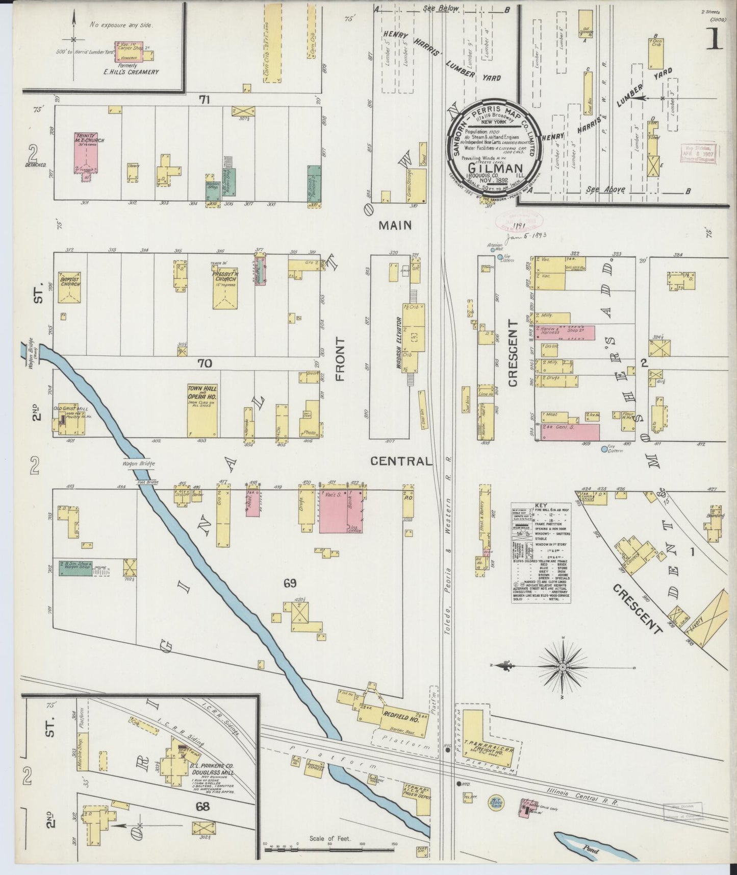 Sanborn Fire Insurance Map from Gilman, Iroquois County, Illinois (1892), Sheet #0001 - Historic Sanborn Fire Insurance Map Print, vintage old map wall art, antique decor, genealogy gift, Illinois Illinois map