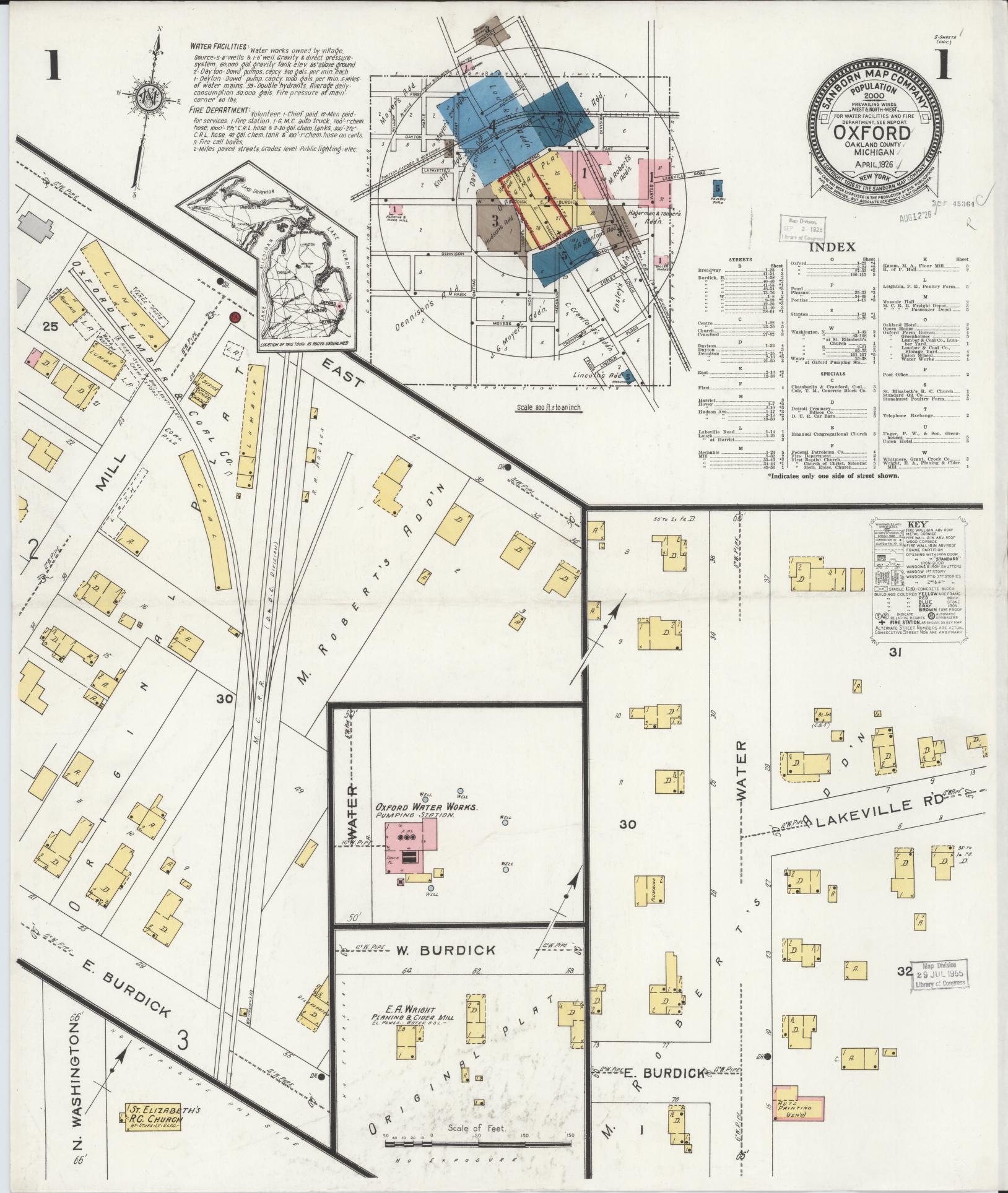 Sanborn Fire Insurance Map from Oxford, Oakland County, Michigan (1926), Sheet #0001 - Complete Map Set gallery image, historic Sanborn map, vintage wall art, Michigan Michigan