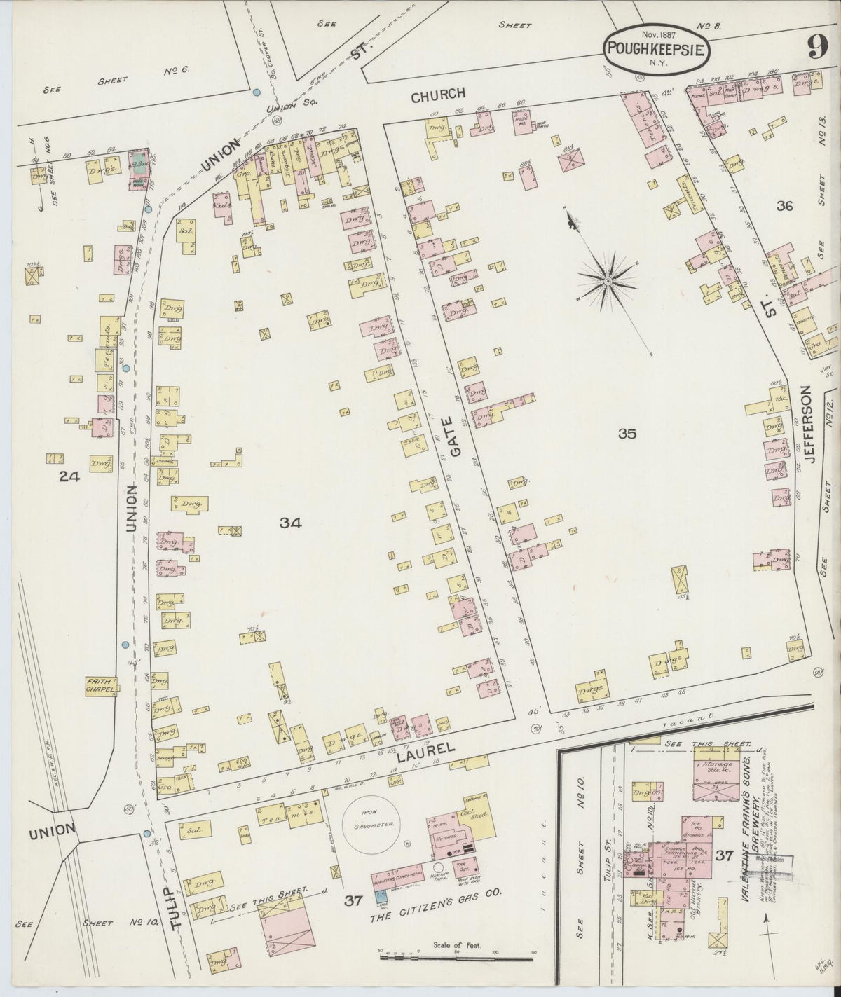 Sanborn Fire Insurance Map from Poughkeepsie, Dutchess County, New York (1887), Sheet #0009 - Complete Map Set gallery image, historic Sanborn map, vintage wall art, New York New York