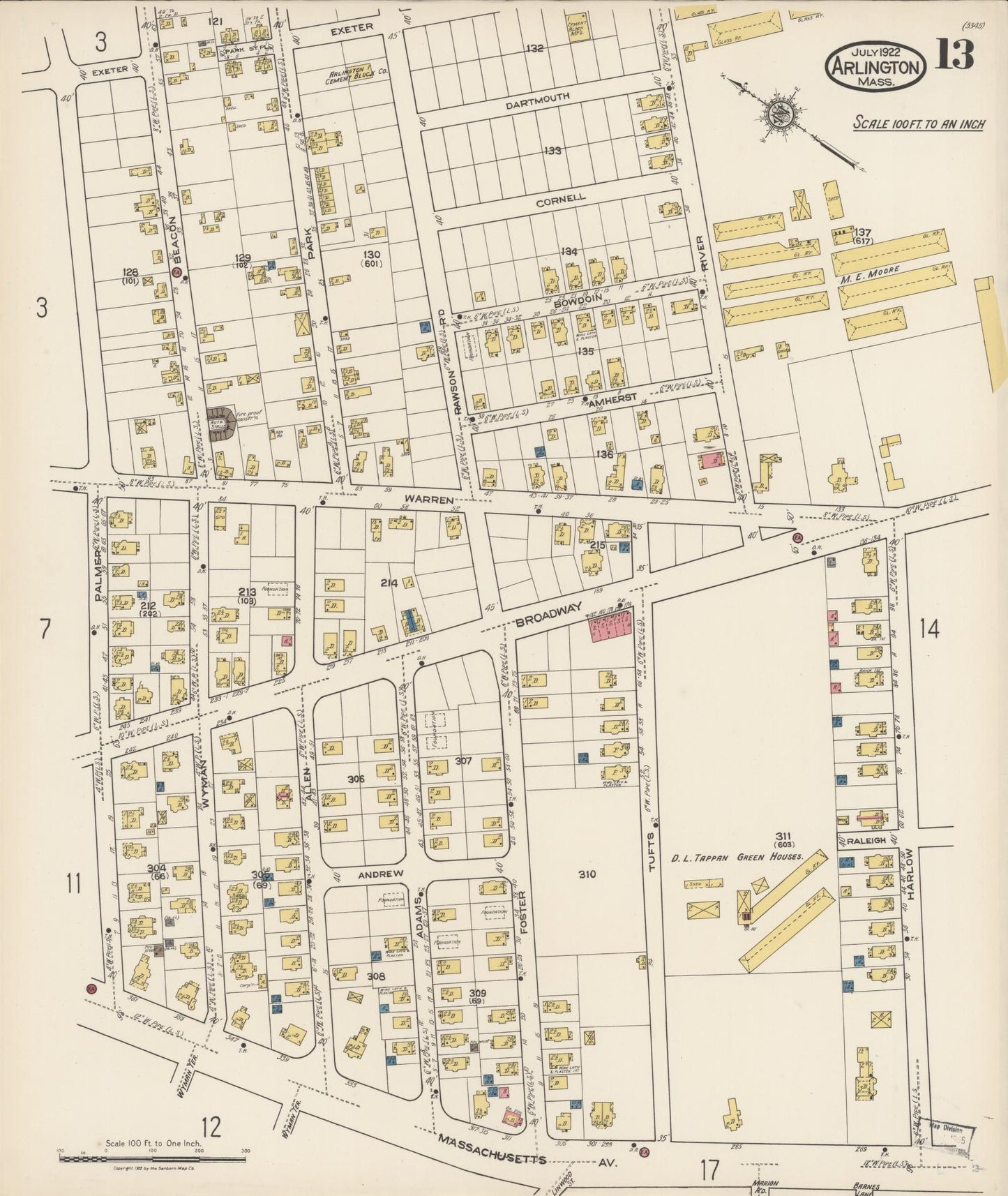 Sanborn Fire Insurance Map from Arlington, Middlesex County, Massachusetts (1922), Sheet #0013 - Historic Sanborn Fire Insurance Map Print, vintage old map wall art, antique decor, genealogy gift, Massachusetts Massachusetts map