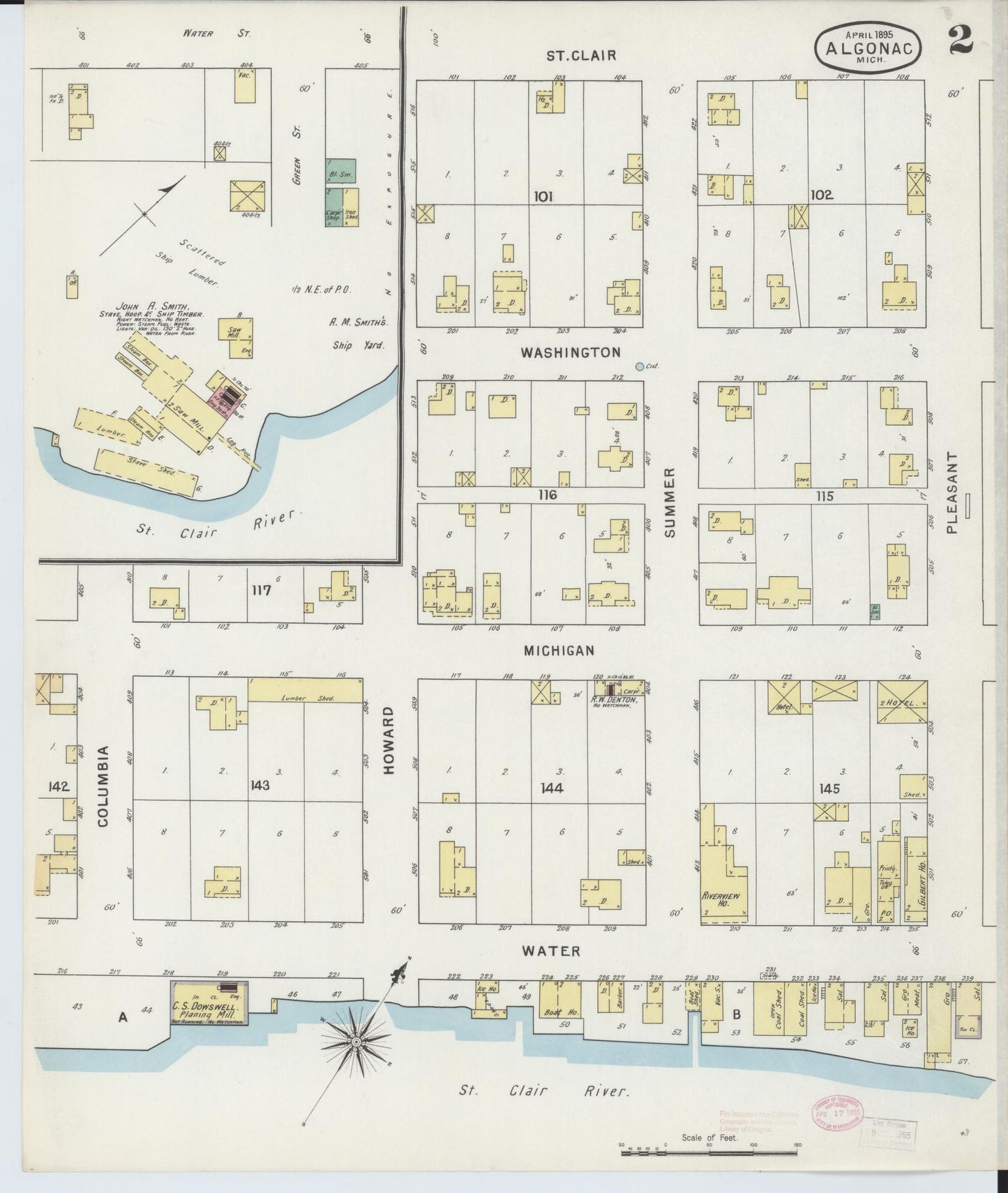 Sanborn Fire Insurance Map from Algonac, Saint Clair County, Michigan (1895), Sheet #0002 - Complete Map Set gallery image, historic Sanborn map, vintage wall art, Michigan Michigan