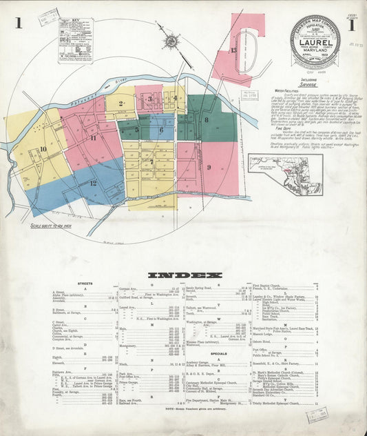 Sanborn Fire Insurance Map from Laurel, Prince Georges County, Maryland (1923), Sheet #0001 - Historic Sanborn Fire Insurance Map Print, vintage old map wall art, antique decor, genealogy gift, Maryland Maryland map