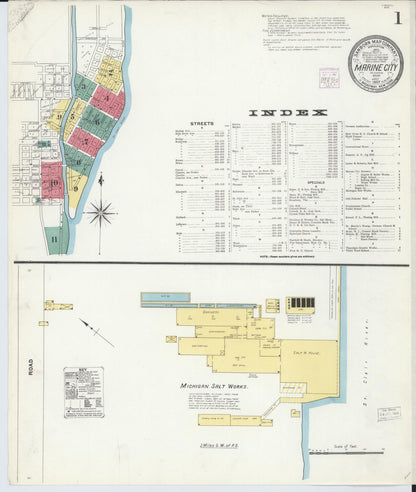 Sanborn Fire Insurance Map from Marine City, Saint Clair County, Michigan (1907), Sheet #0001 - Complete Map Set gallery image, historic Sanborn map, vintage wall art, Michigan Michigan