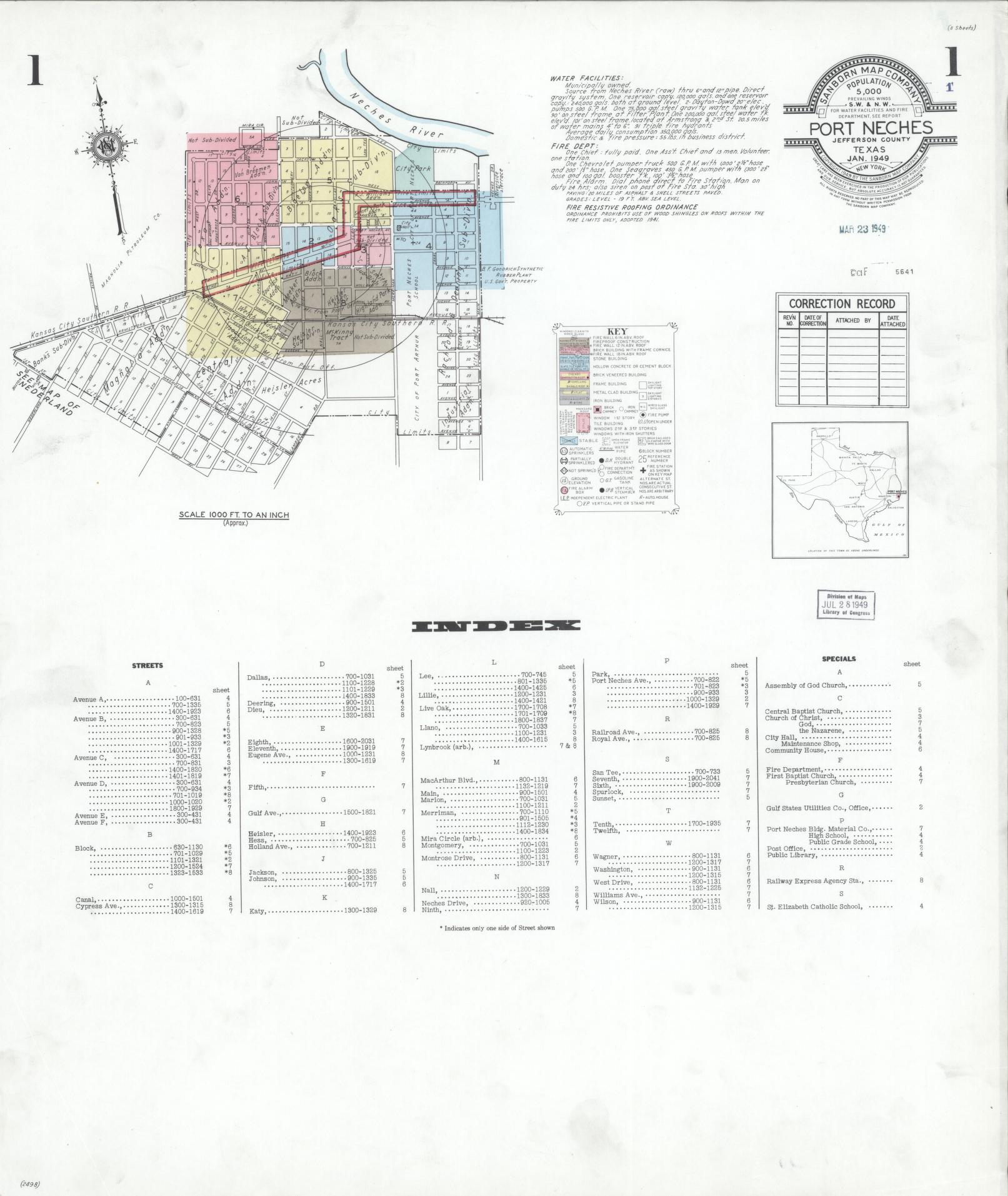 Sanborn Fire Insurance Map from Port Neches, Jefferson County, Texas (1949), Sheet #0001 - Historic Sanborn Fire Insurance Map Print, vintage old map wall art, antique decor, genealogy gift, Texas Texas map