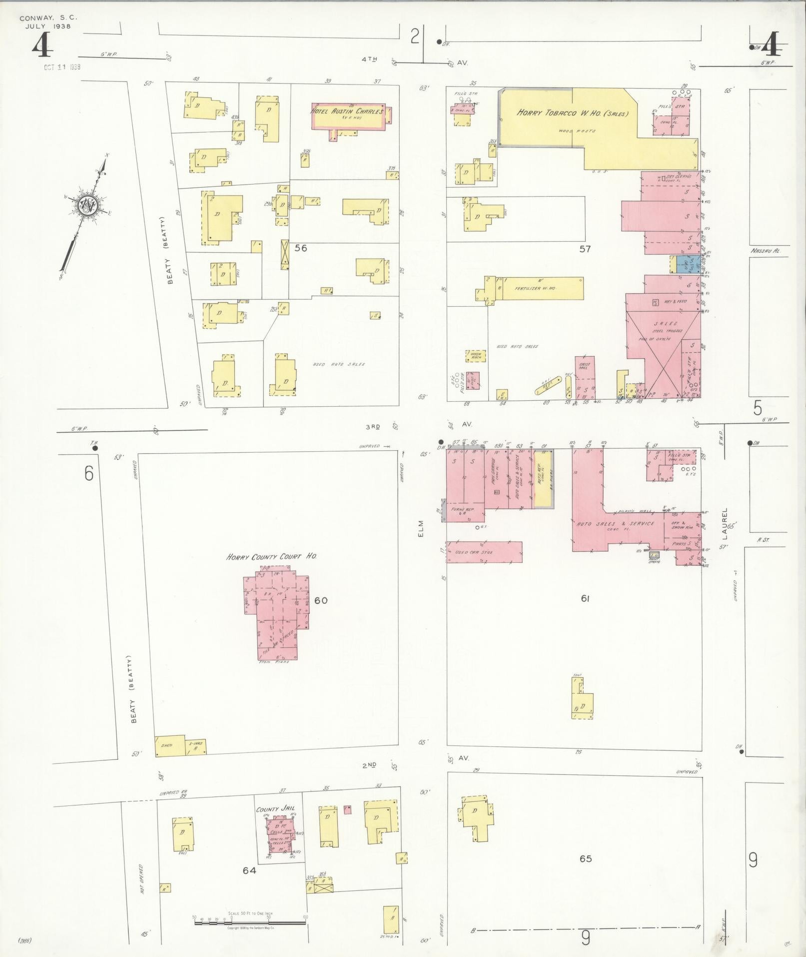 Sanborn Fire Insurance Map from Conway, Horry County, South Carolina (1938), Sheet #0004 - Complete Map Set gallery image, historic Sanborn map, vintage wall art, South Carolina South Carolina