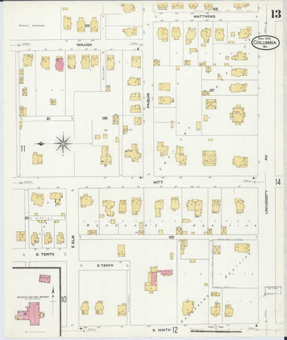 Sanborn Fire Insurance Map from Columbia, Boone County, Missouri (1908), Sheet #0013 - Complete Map Set gallery image, historic Sanborn map, vintage wall art, Missouri Missouri