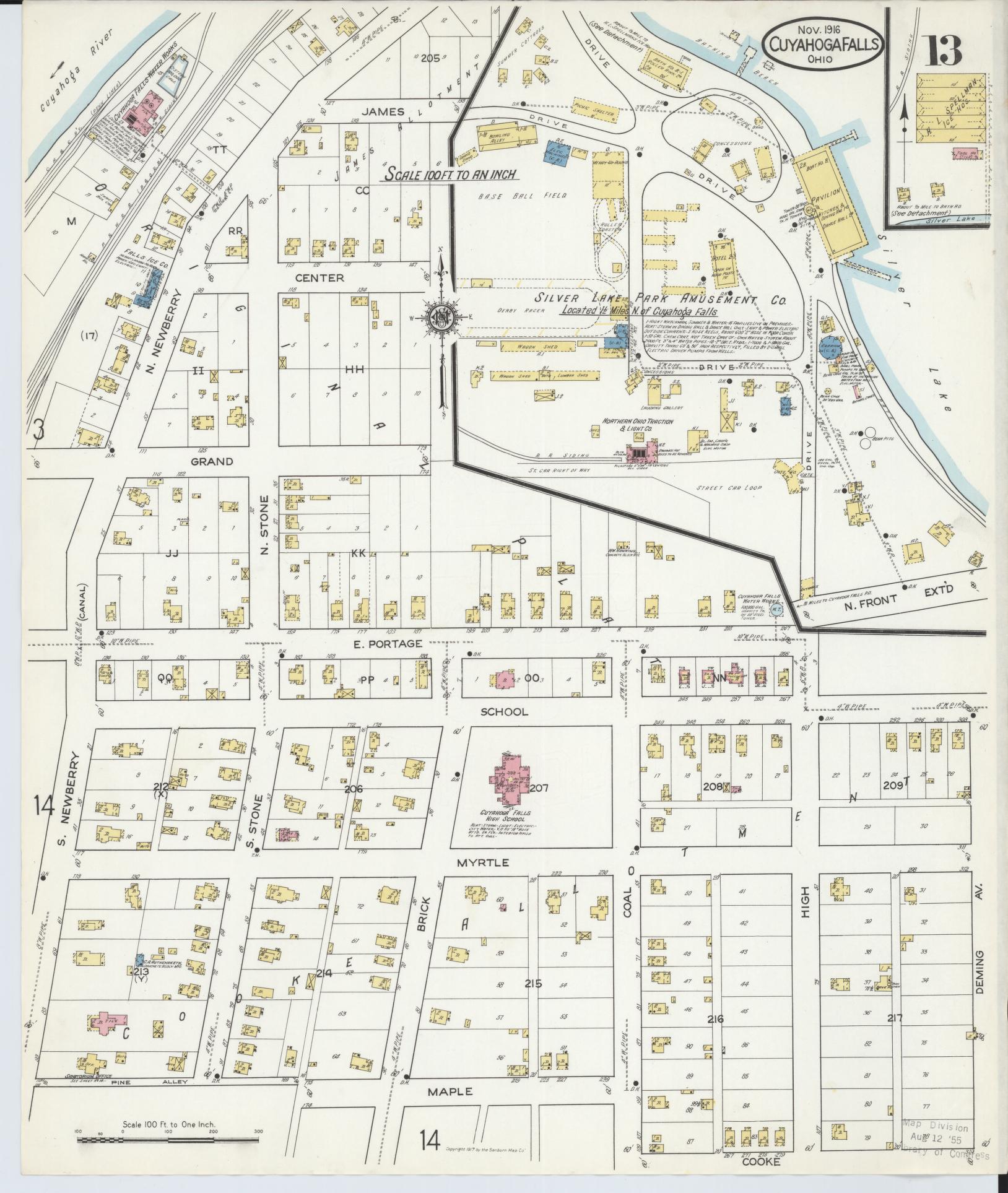 Sanborn Fire Insurance Map from Cuyahoga Falls, Summit County, Ohio (1916), Sheet #0013 - Historic Sanborn Fire Insurance Map Print, vintage old map wall art, antique decor, genealogy gift, Ohio Ohio map