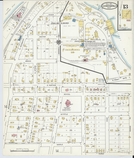 Sanborn Fire Insurance Map from Cuyahoga Falls, Summit County, Ohio (1916), Sheet #0013 - Historic Sanborn Fire Insurance Map Print, vintage old map wall art, antique decor, genealogy gift, Ohio Ohio map