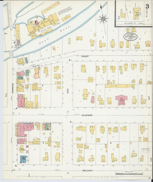 Sanborn Fire Insurance Map from Otsego, Allegan County, Michigan (1906), Sheet #0003 - Historic Sanborn Fire Insurance Map Print, vintage old map wall art, antique decor, genealogy gift, Michigan Michigan map