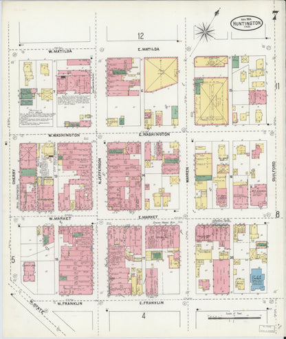 Sanborn Fire Insurance Map from Huntington, Huntington County, Indiana (1904), Sheet #0007 - Historic Sanborn Fire Insurance Map Print, vintage old map wall art, antique decor, genealogy gift, Indiana Indiana map