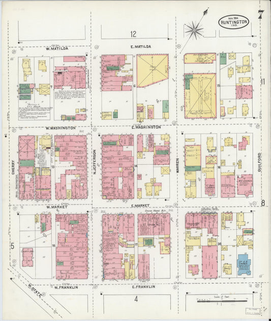 Sanborn Fire Insurance Map from Huntington, Huntington County, Indiana (1904), Sheet #0007 - Historic Sanborn Fire Insurance Map Print, vintage old map wall art, antique decor, genealogy gift, Indiana Indiana map