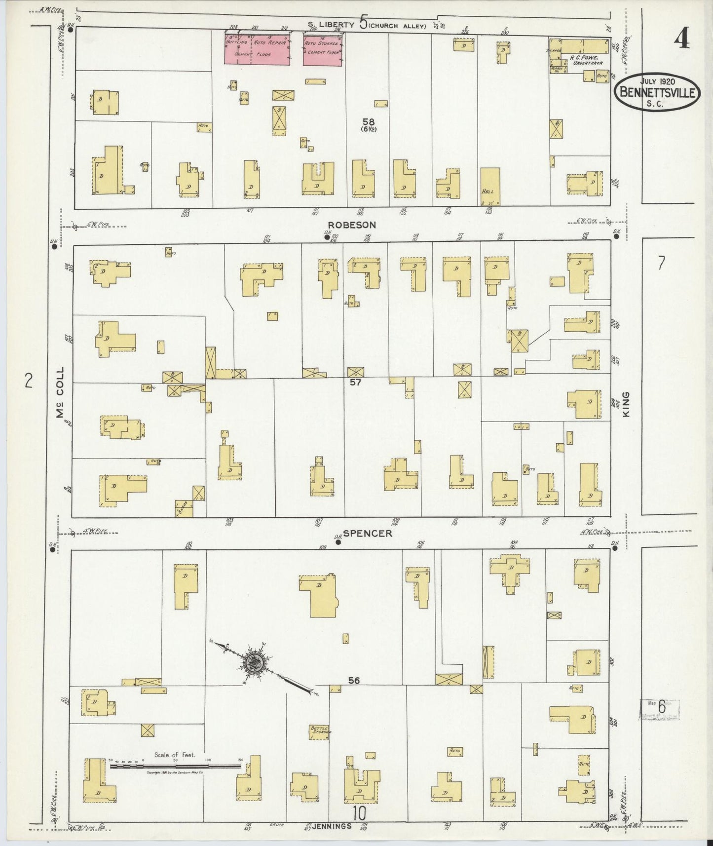 Sanborn Fire Insurance Map from Bennettsville, Marlboro County, South Carolina (1920), Sheet #0004 - Complete Map Set gallery image, historic Sanborn map, vintage wall art, South Carolina South Carolina