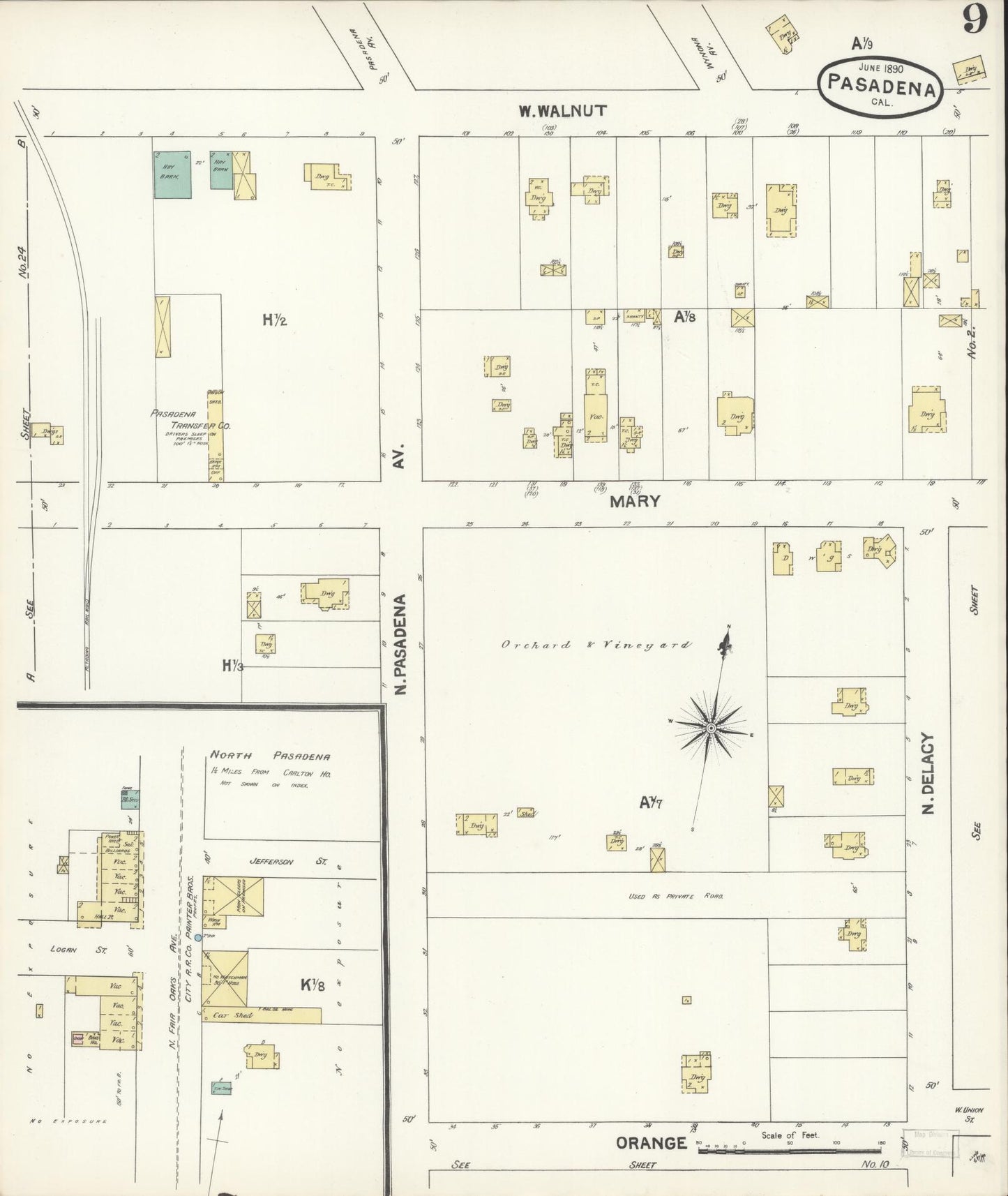 Sanborn Fire Insurance Map from Pasadena, Los Angeles County, California (1890), Sheet #0009 - Complete Map Set gallery image, historic Sanborn map, vintage wall art, California California
