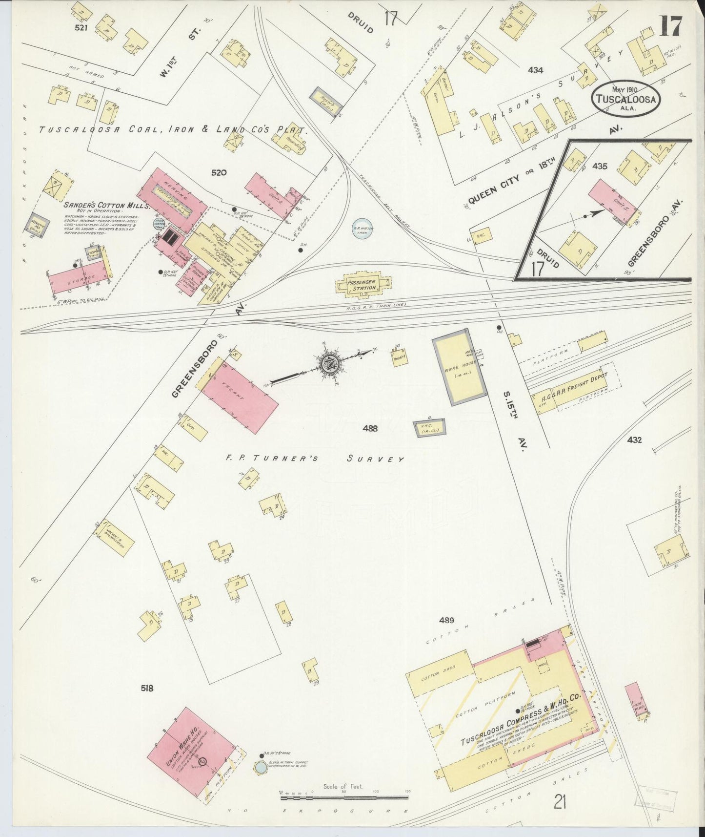 Sanborn Fire Insurance Map from Tuscaloosa, Tuscaloosa County, Alabama (1910), Sheet #0017 - Complete Map Set gallery image, historic Sanborn map, vintage wall art, Alabama Alabama