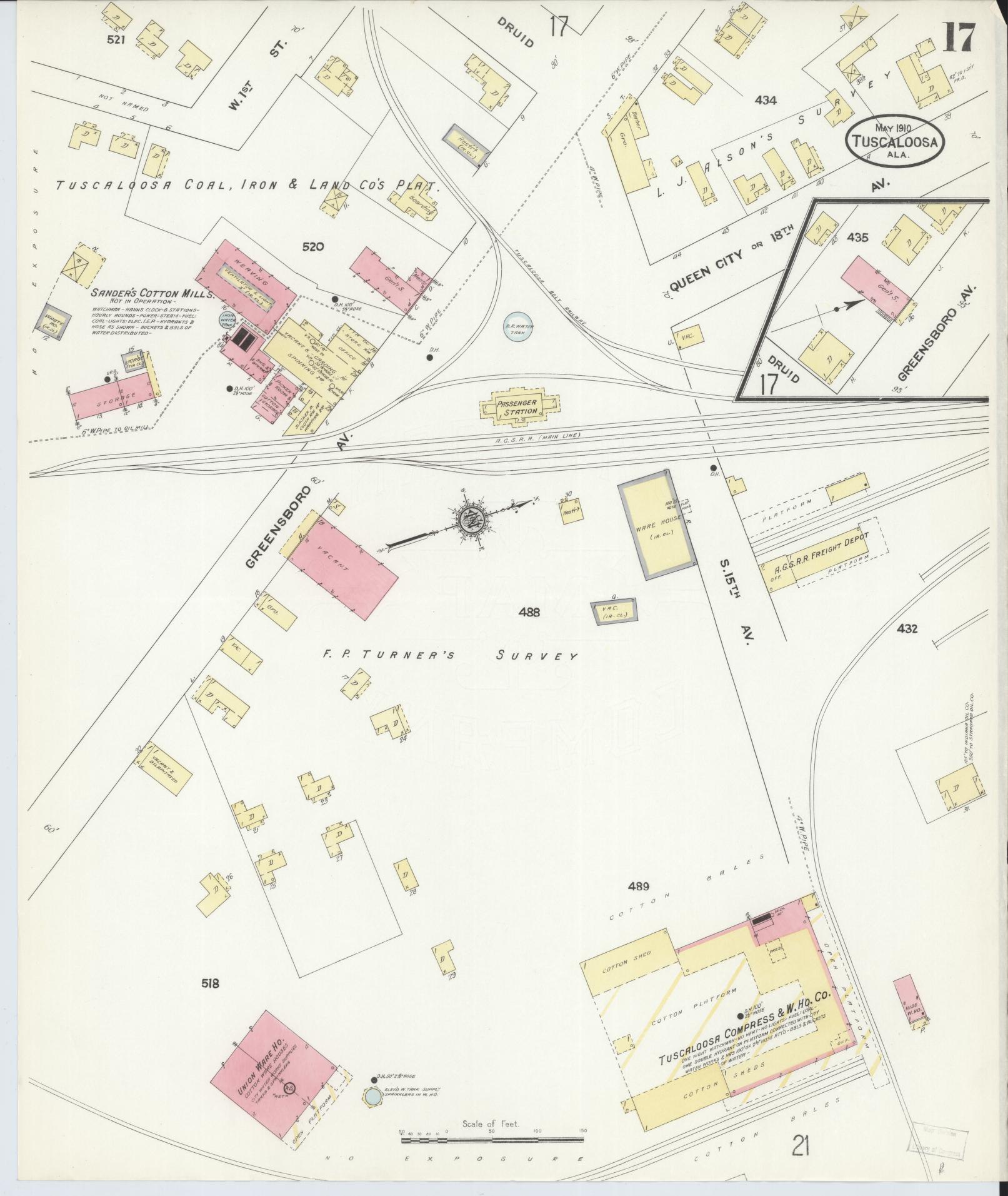 Sanborn Fire Insurance Map from Tuscaloosa, Tuscaloosa County, Alabama (1910), Sheet #0017 - Complete Map Set gallery image, historic Sanborn map, vintage wall art, Alabama Alabama