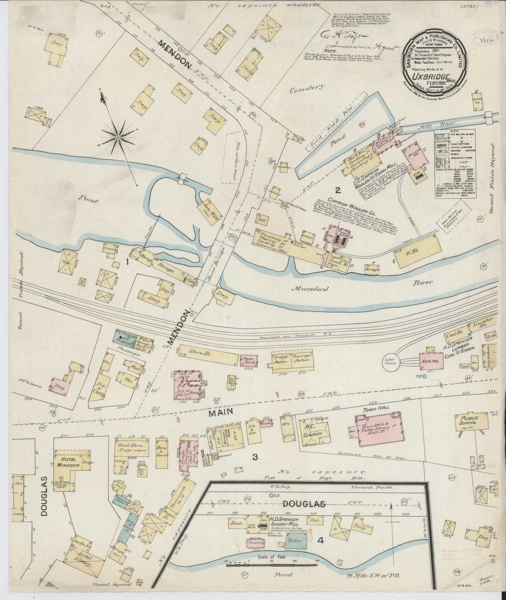 Sanborn Fire Insurance Map from Uxbridge, Worcester County, Massachusetts. (1888) – Historic Sanborn Fire Insurance Map Print