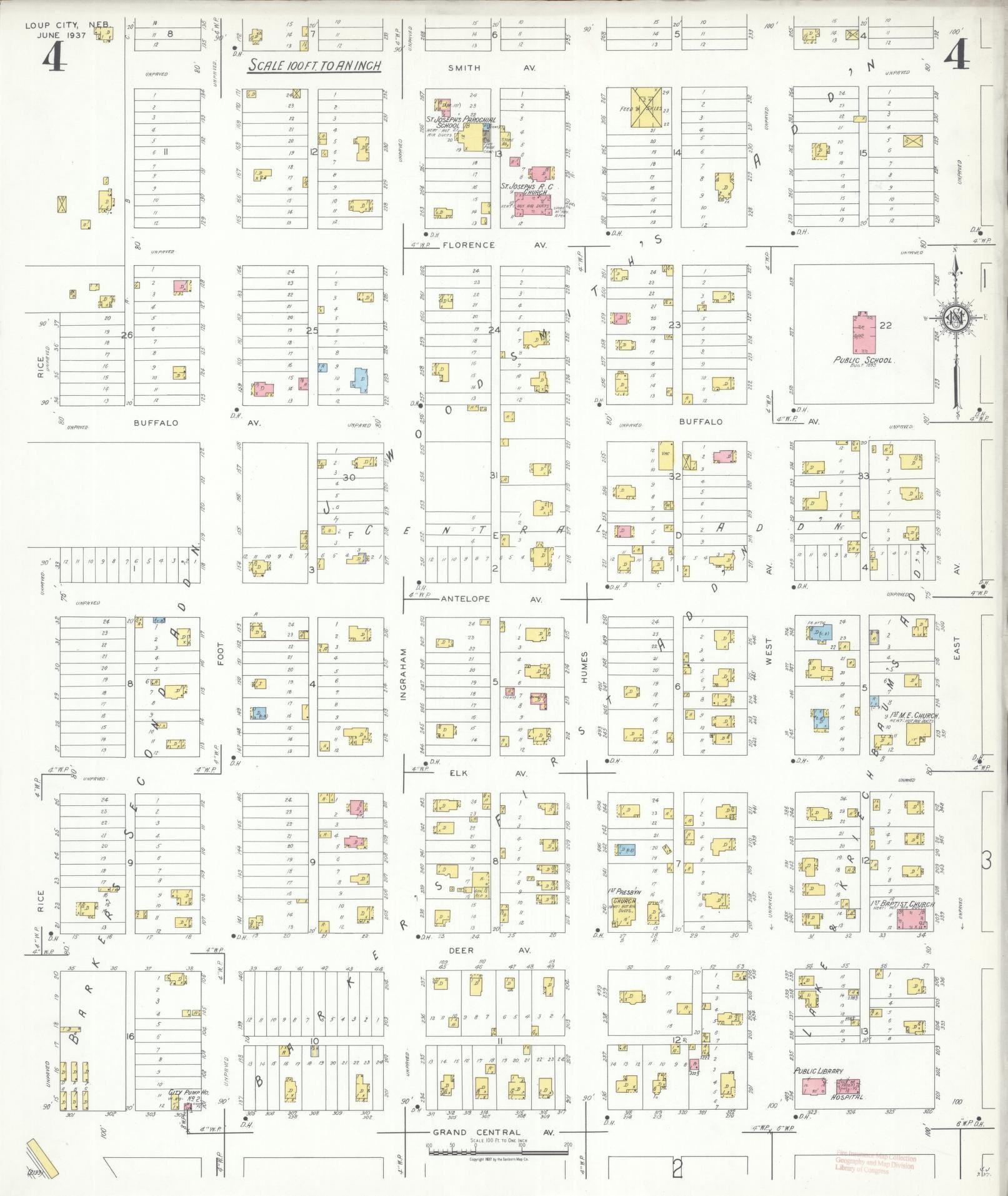 Sanborn Fire Insurance Map from Loup City, Sherman County, Nebraska (1937), Sheet #0004 - Complete Map Set gallery image, historic Sanborn map, vintage wall art, Nebraska Nebraska