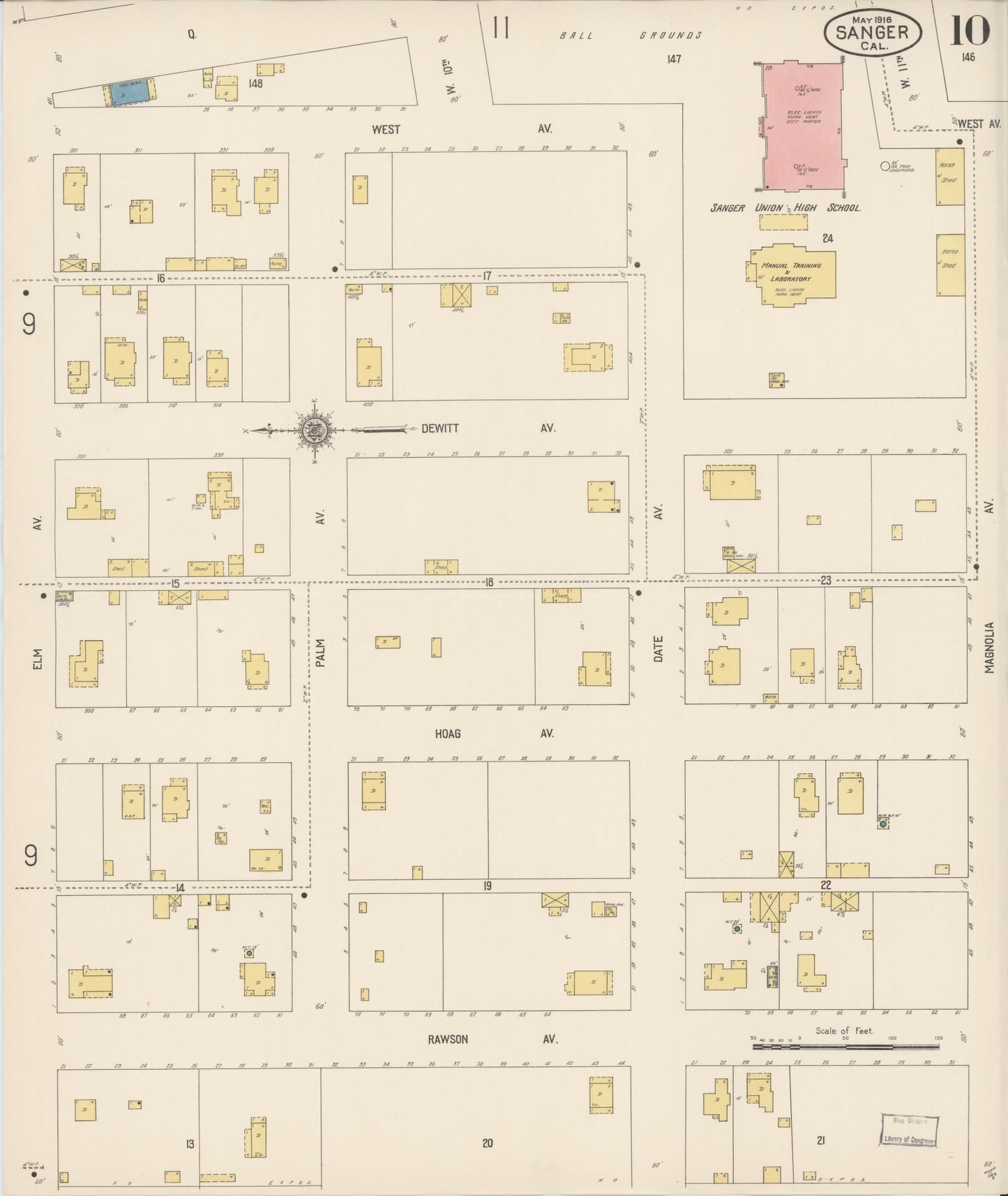 Sanborn Fire Insurance Map from Sanger, Fresno County, California (1916), Sheet #0010 - Complete Map Set gallery image, historic Sanborn map, vintage wall art, California California