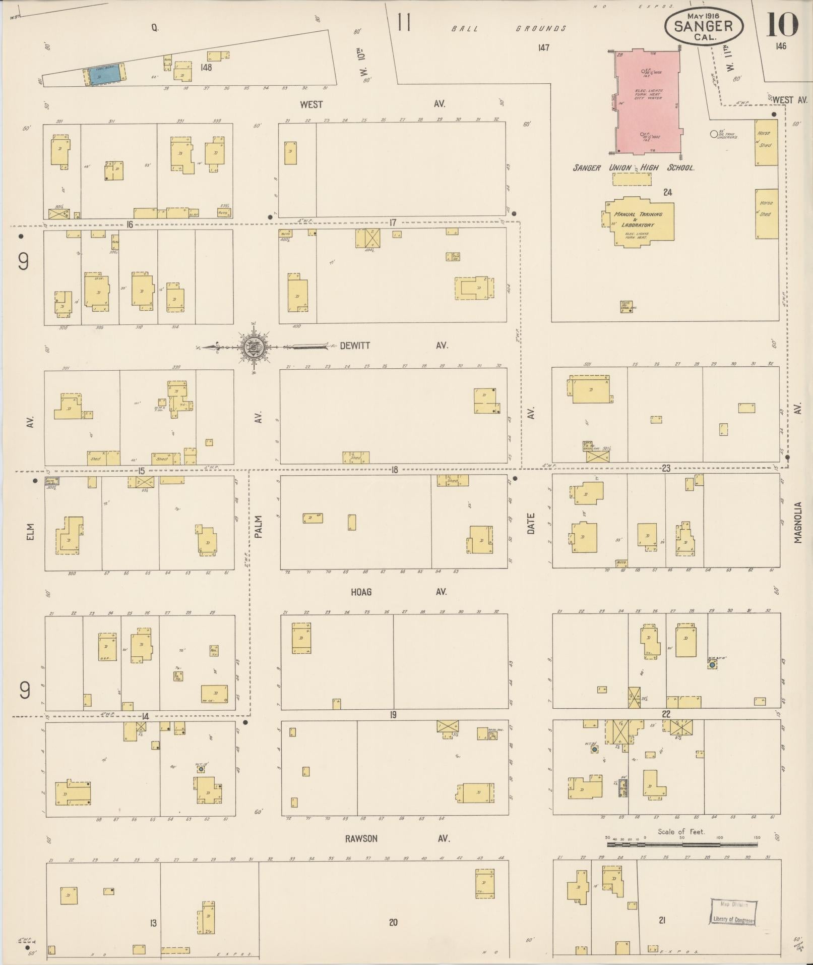 Sanborn Fire Insurance Map from Sanger, Fresno County, California (1916), Sheet #0010 - Complete Map Set gallery image, historic Sanborn map, vintage wall art, California California