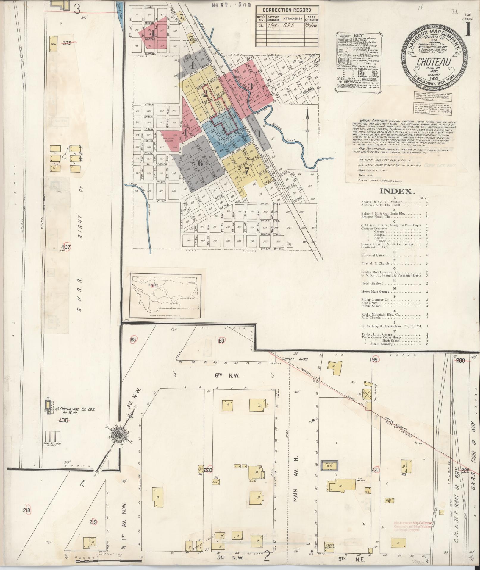 Sanborn Fire Insurance Map from Choteau, Teton County, Montana (1943), Sheet #0001 - Historic Sanborn Fire Insurance Map Print, vintage old map wall art, antique decor, genealogy gift, Montana Montana map