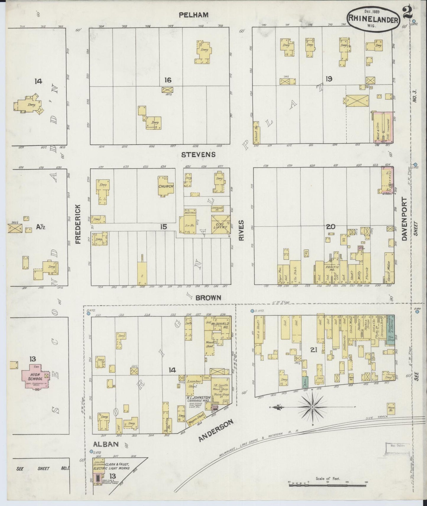 Sanborn Fire Insurance Map from Rhinelander, Oneida County, Wisconsin (1889), Sheet #0002 - Complete Map Set gallery image, historic Sanborn map, vintage wall art, Wisconsin Wisconsin
