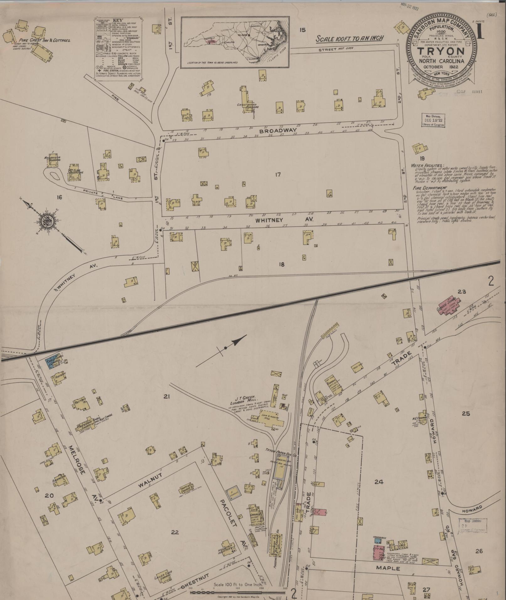 Sanborn Fire Insurance Map from Tryon, Polk County, North Carolina (1922), Sheet #0001 - Complete Map Set gallery image, historic Sanborn map, vintage wall art, North Carolina North Carolina
