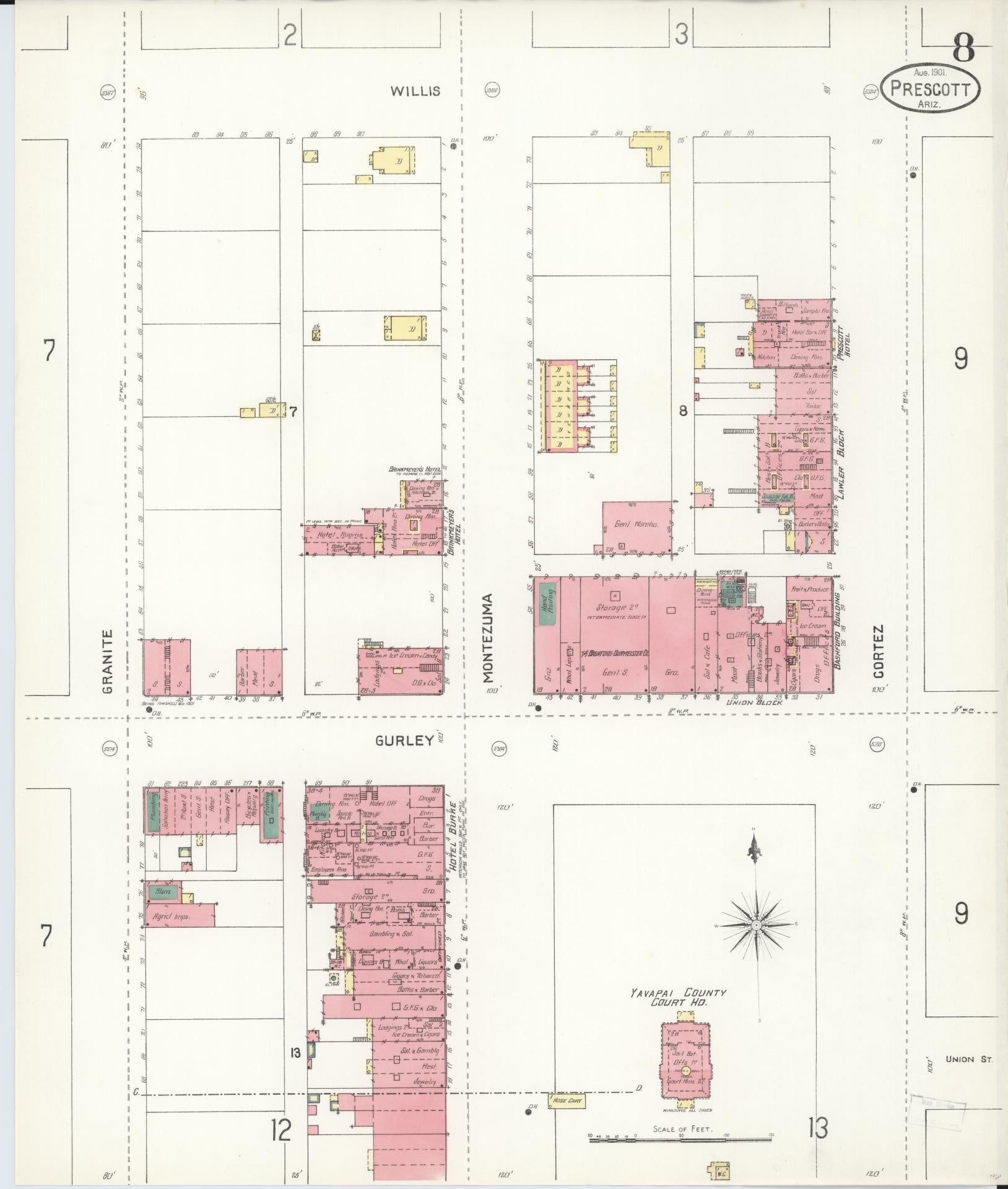 Sanborn Fire Insurance Map from Prescott, Yavapai County, Arizona (1901), Sheet #0008 - Historic Sanborn Fire Insurance Map Print, vintage old map wall art, antique decor, genealogy gift, Arizona Arizona map