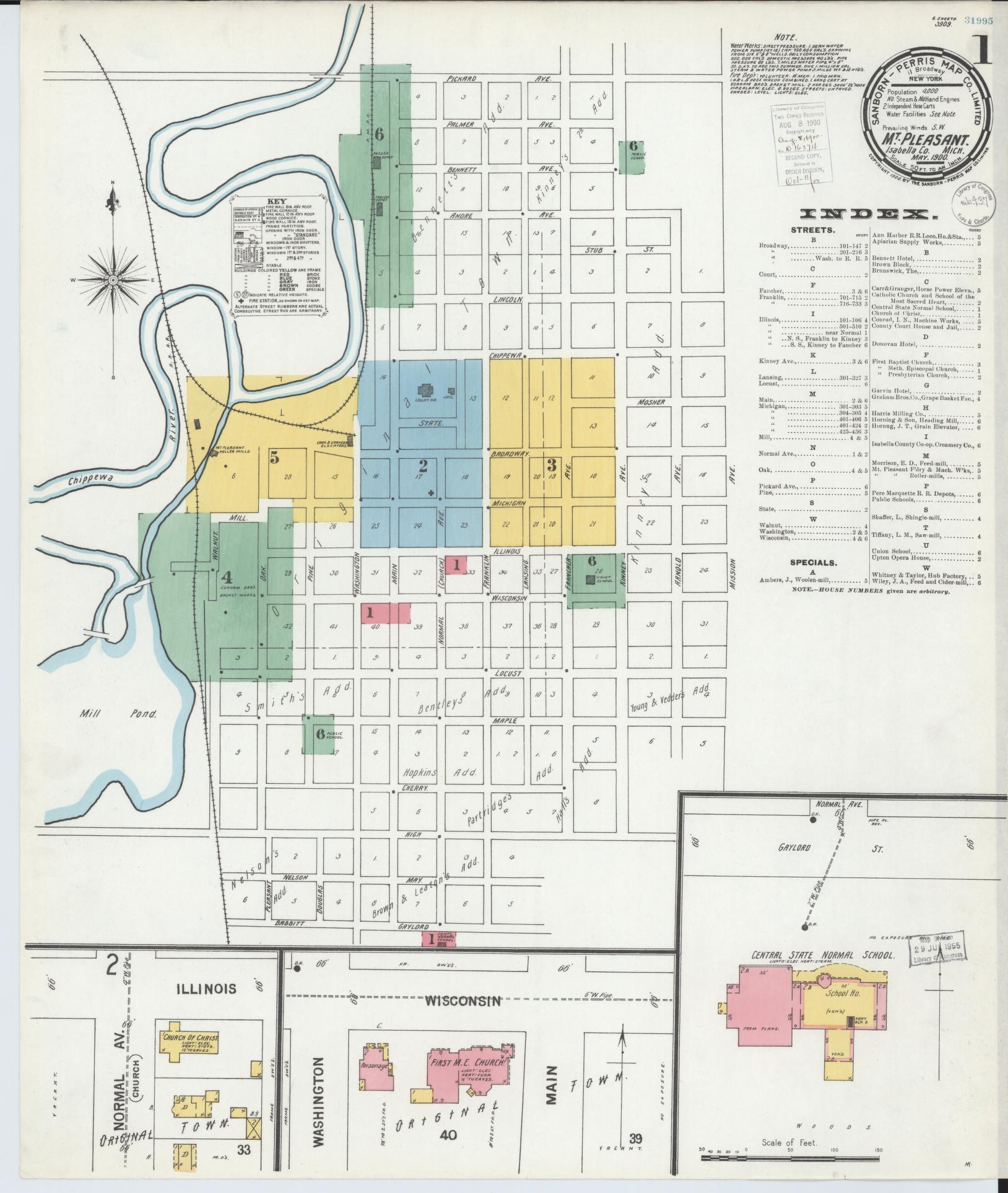 Sanborn Fire Insurance Map from Mount Pleasant, Isabella County, Michigan (1900), Sheet #0001 - Complete Map Set gallery image, historic Sanborn map, vintage wall art, Michigan Michigan