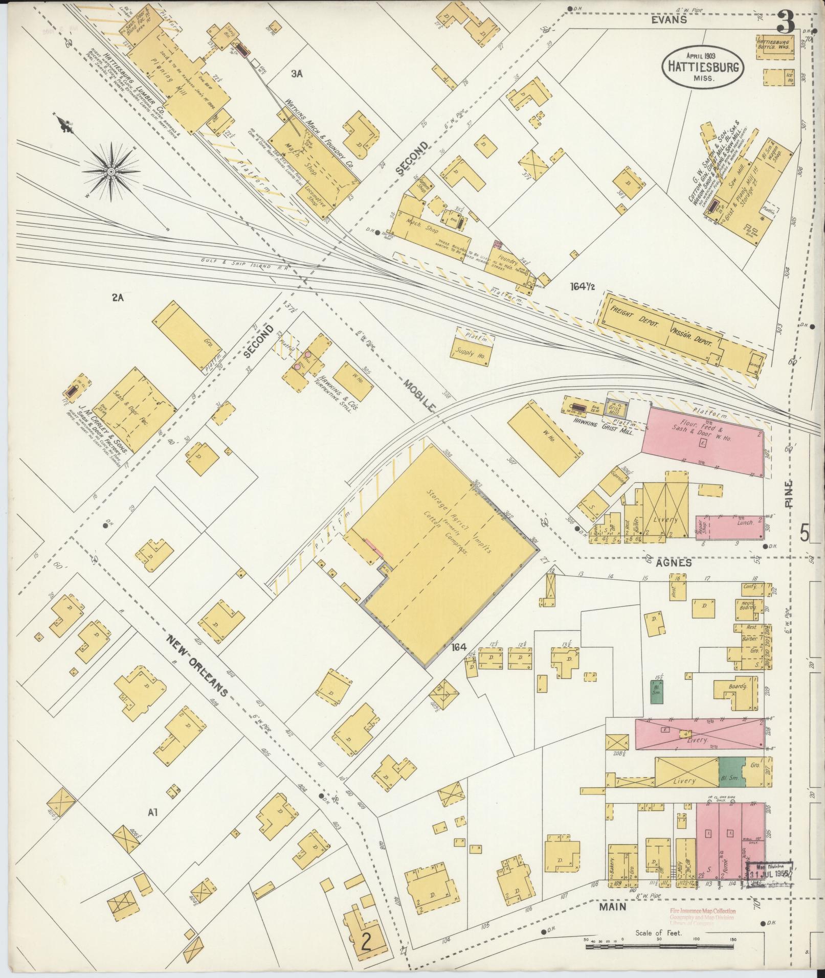 Sanborn Fire Insurance Map from Hattiesburg, Forrest County, Mississippi (1903), Sheet #0003 - Complete Map Set gallery image, historic Sanborn map, vintage wall art, Mississippi Mississippi
