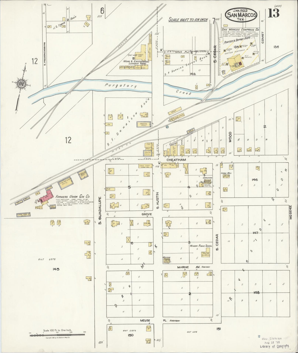 Sanborn Fire Insurance Map from San Marcos, Hays County, Texas (1922), Sheet #0013 - Complete Map Set gallery image, historic Sanborn map, vintage wall art, Texas Texas