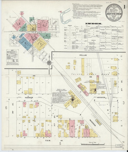 Sanborn Fire Insurance Map from North Vernon, Jennings County, Indiana (1911), Sheet #0001 - Historic Sanborn Fire Insurance Map Print, vintage old map wall art, antique decor, genealogy gift, Indiana Indiana map