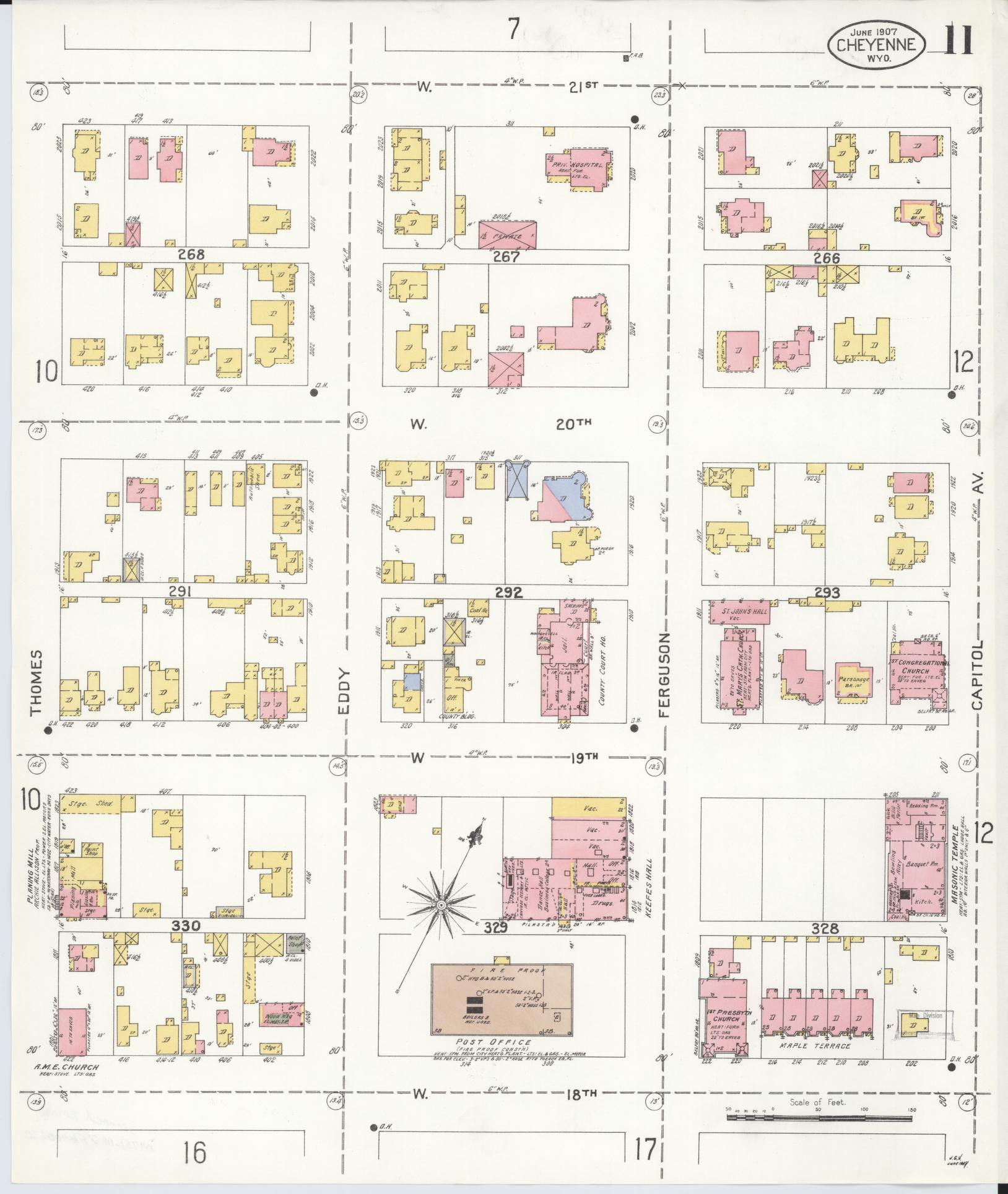 Sanborn Fire Insurance Map from Cheyenne, Laramie County, Wyoming (1907), Sheet #0011 - Complete Map Set gallery image, historic Sanborn map, vintage wall art, Wyoming Wyoming