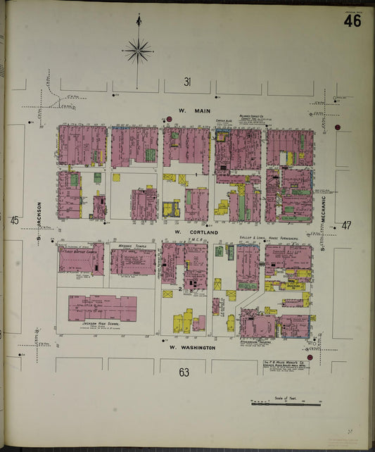 Sanborn Fire Insurance Map from Jackson, Jackson County, Michigan (1907), Sheet #0046 - Historic Sanborn Fire Insurance Map Print, vintage old map wall art, antique decor, genealogy gift, Michigan Michigan map