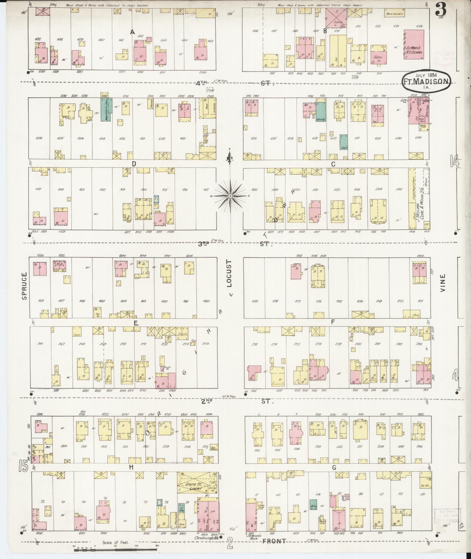 Sanborn Fire Insurance Map from Fort Madison, Lee County, Iowa (1894), Sheet #0003 - Historic Sanborn Fire Insurance Map Print, vintage old map wall art