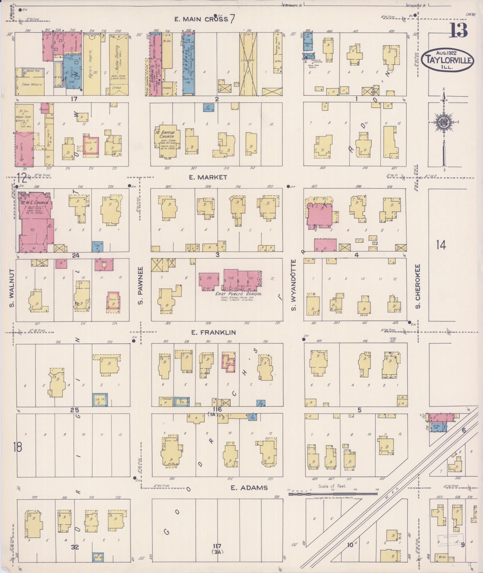 Sanborn Fire Insurance Map from Taylorville, Christian County, Illinois (1922), Sheet #0013 - Historic Sanborn Fire Insurance Map Print, vintage old map wall art, antique decor, genealogy gift, Illinois Illinois map