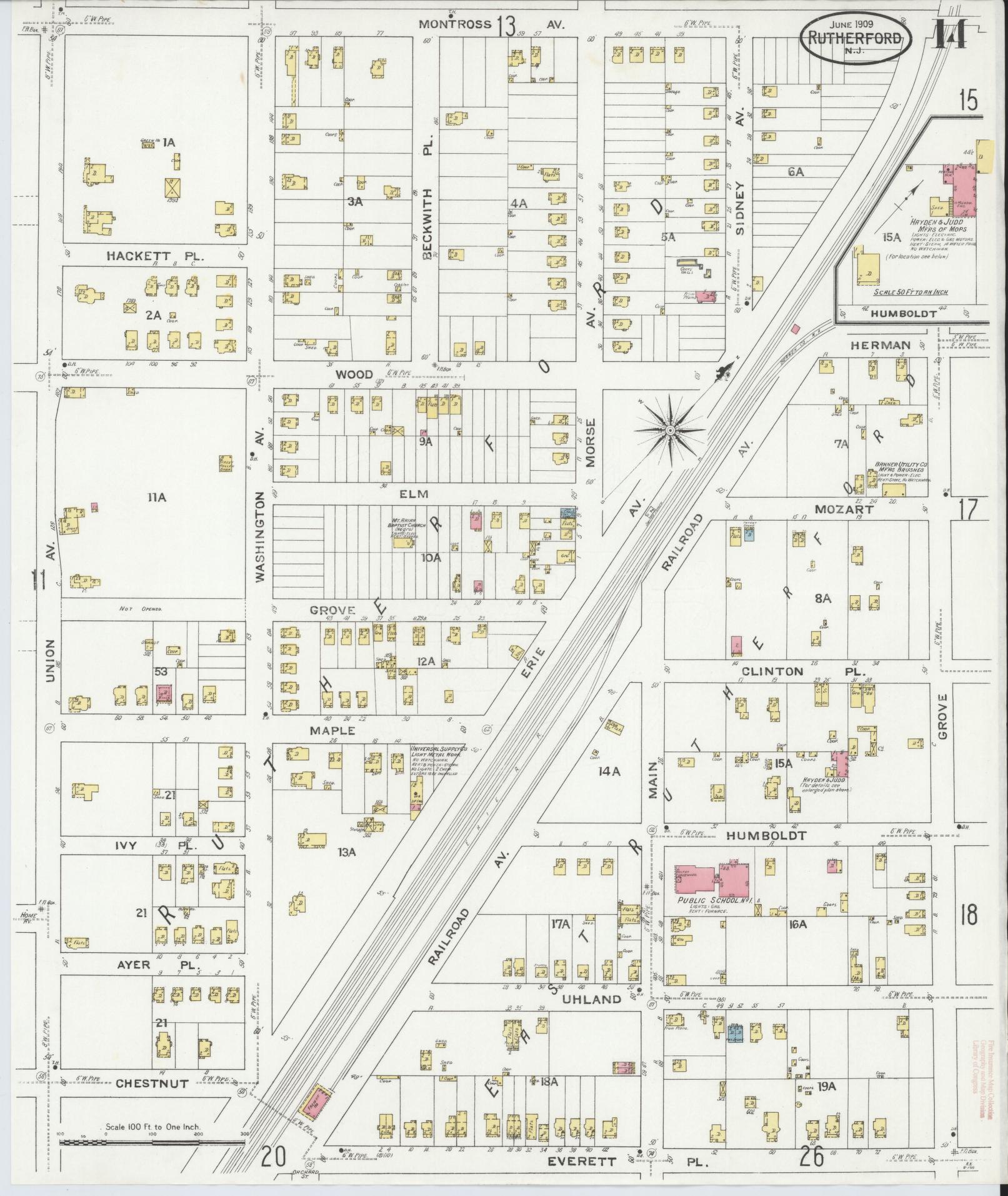 Sanborn Fire Insurance Map from Rutherford, Bergen County, New Jersey (1909), Sheet #0014 - Complete Map Set gallery image, historic Sanborn map, vintage wall art, New Jersey New Jersey