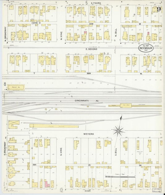 Sanborn Fire Insurance Map from Seymour, Jackson County, Indiana (1907), Sheet #0009 - Historic Sanborn Fire Insurance Map Print, vintage old map wall art, antique decor, genealogy gift, Indiana Indiana map