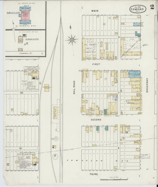 Sanborn Fire Insurance Map from Edmond, Oklahoma County, Oklahoma (1894), Sheet #0002 - Historic Sanborn Fire Insurance Map Print, vintage old map wall art, antique decor, genealogy gift, Edmond Oklahoma map