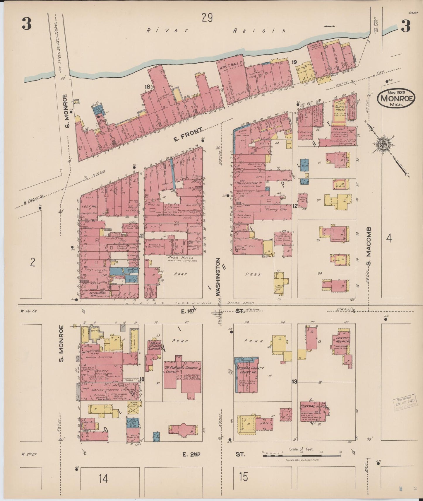 Sanborn Fire Insurance Map from Monroe, Monroe County, Michigan (1922), Sheet #0003 - Complete Map Set gallery image, historic Sanborn map, vintage wall art, Michigan Michigan