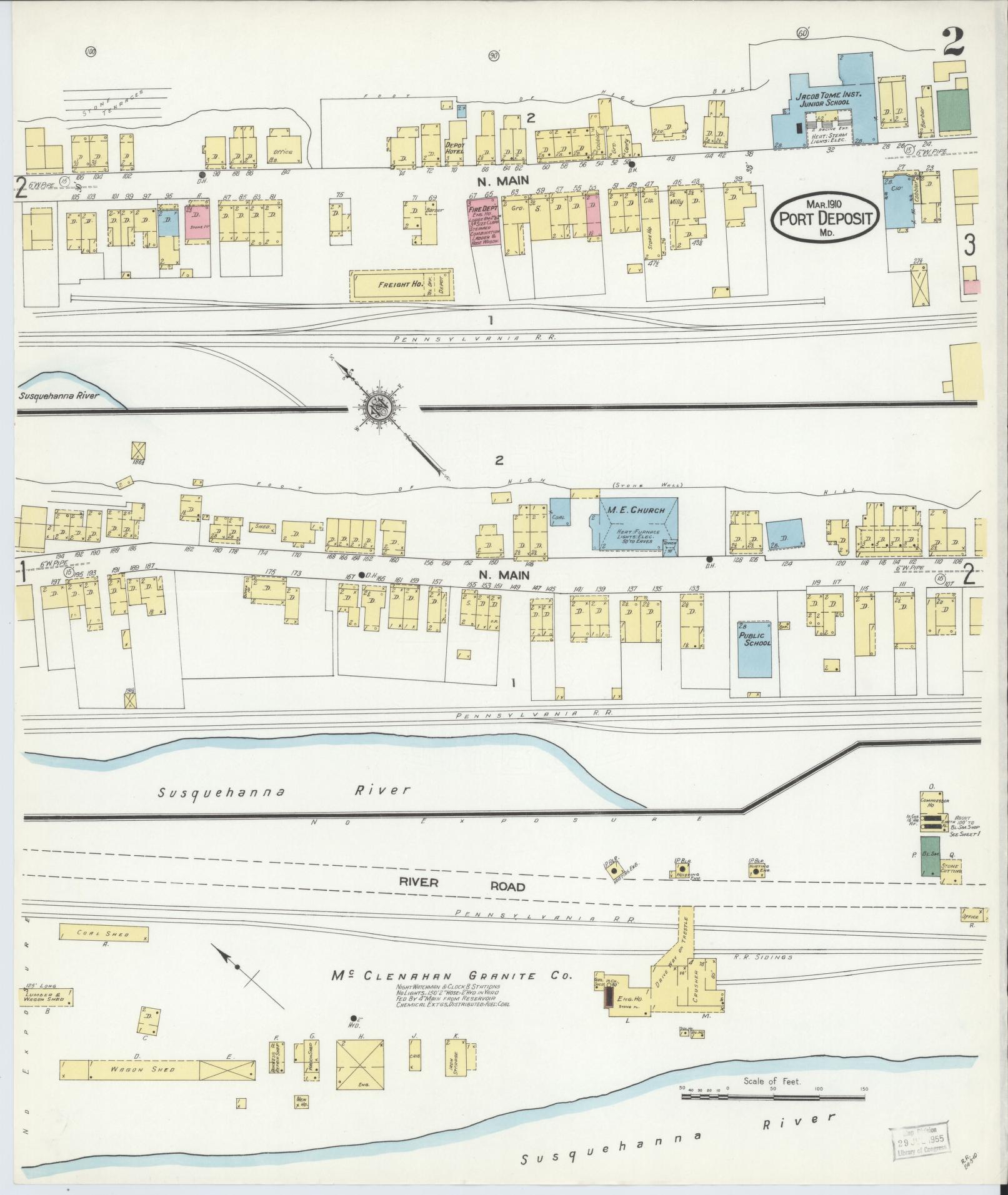 Sanborn Fire Insurance Map from Port Deposit, Cecil County, Maryland (1910), Sheet #0002 - Historic Sanborn Fire Insurance Map Print, vintage old map wall art