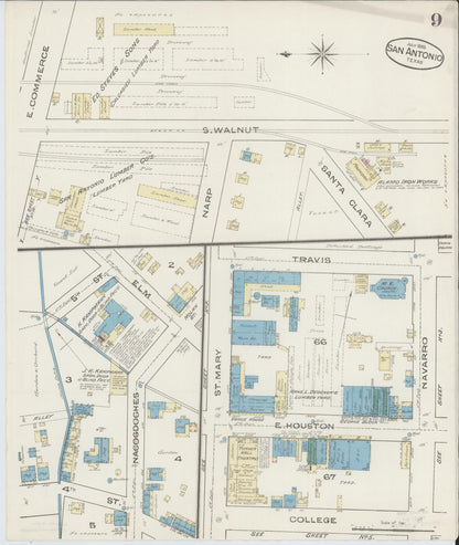 Sanborn Fire Insurance Map from San Antonio, Bexar County, Texas (1885), Sheet #0009 - Complete Map Set gallery image, historic Sanborn map, vintage wall art, Texas Texas