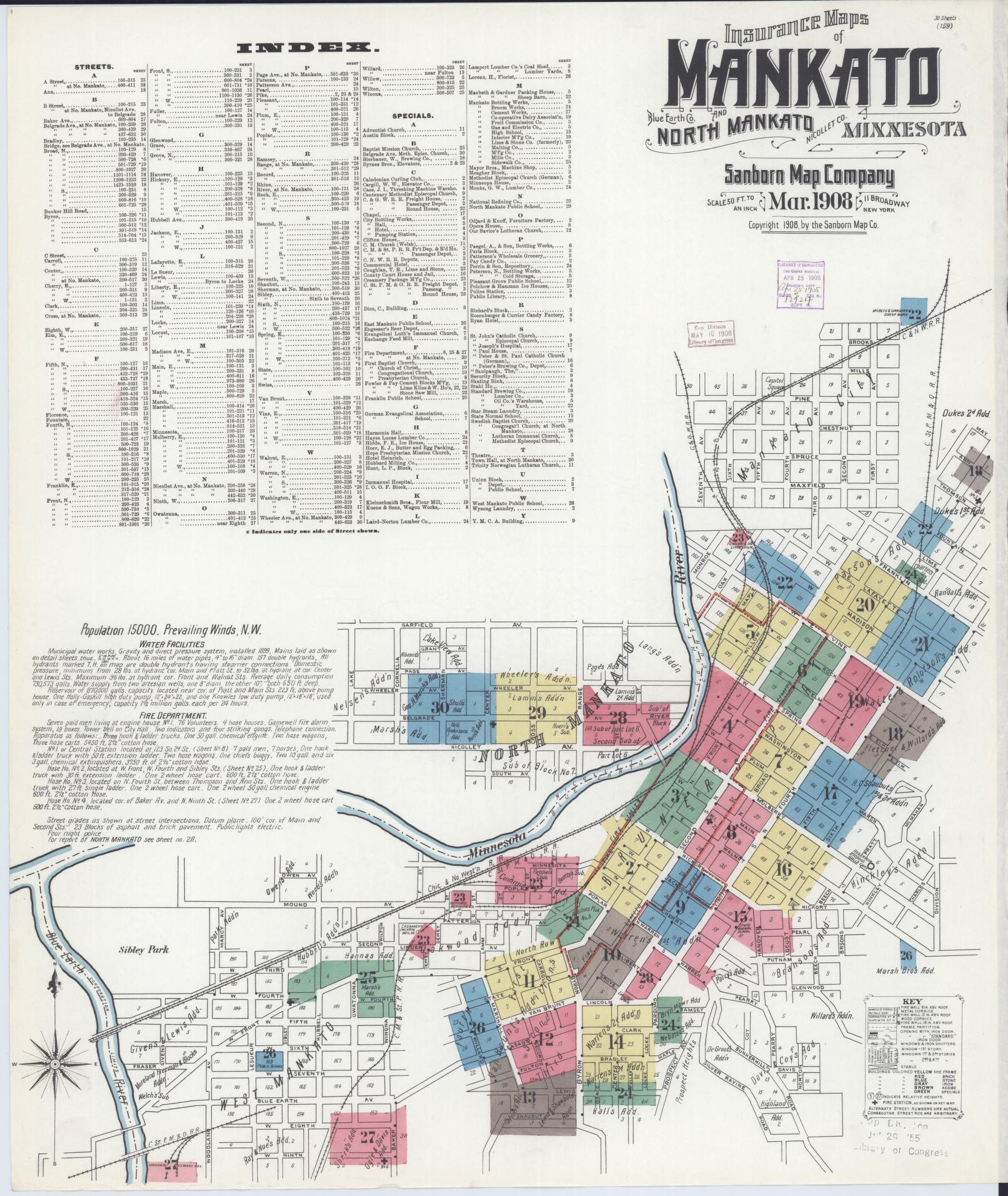 Sanborn Fire Insurance Map from Mankato, Blue Earth County, Minnesota (1908), Sheet #0001 - Complete Map Set gallery image, historic Sanborn map, vintage wall art, Minnesota Minnesota