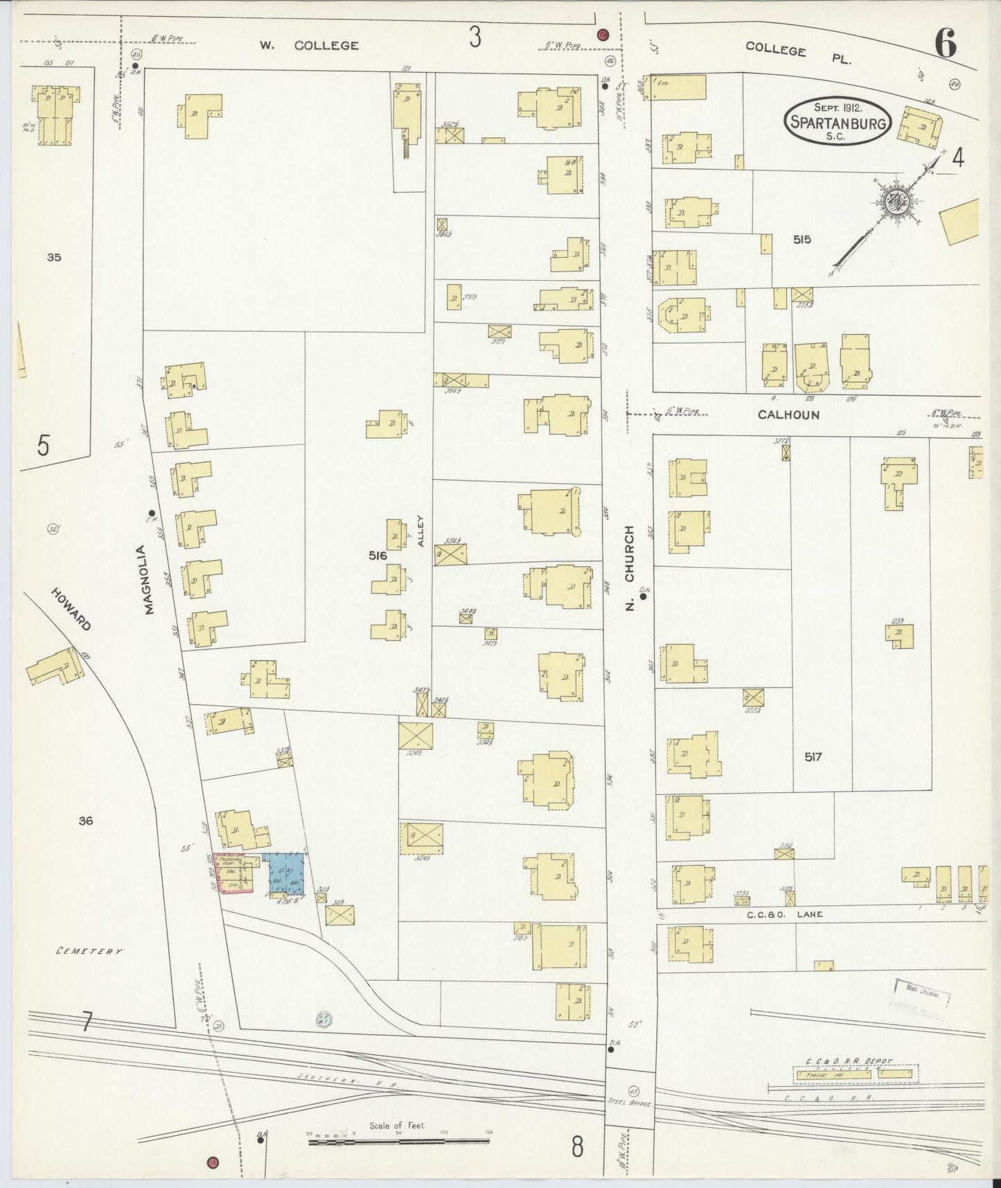 Sanborn Fire Insurance Map from Spartanburg, Spartanburg County, South Carolina (1912), Sheet #0006 - Historic Sanborn Fire Insurance Map Print, vintage old map wall art, antique decor, genealogy gift, South Carolina South Carolina map