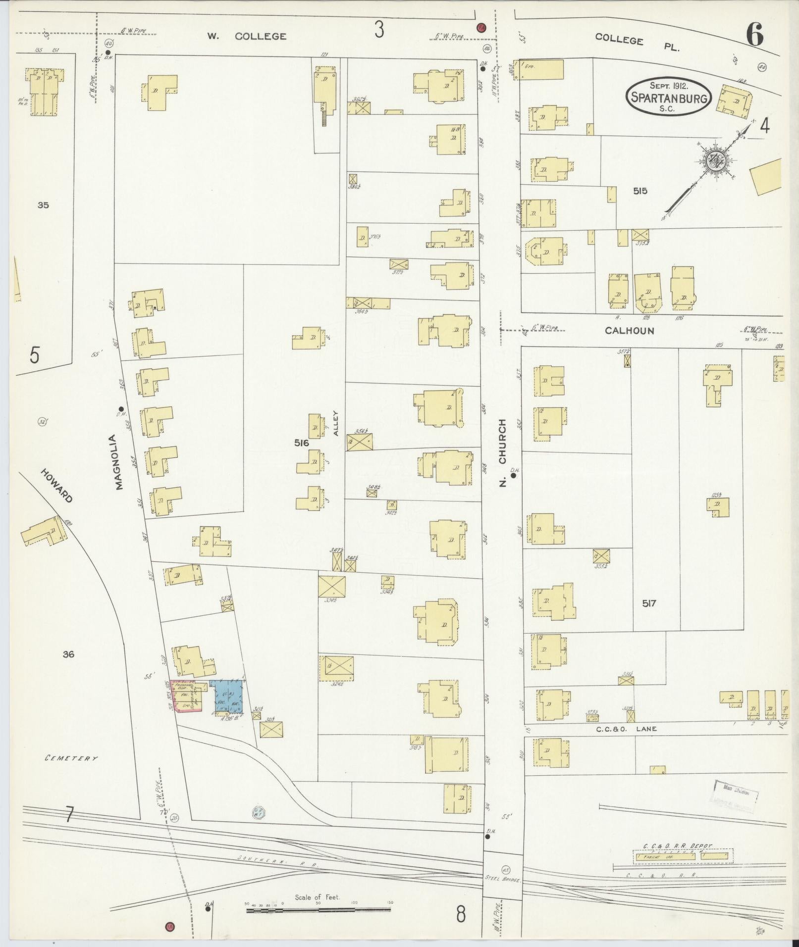 Sanborn Fire Insurance Map from Spartanburg, Spartanburg County, South Carolina (1912), Sheet #0006 - Historic Sanborn Fire Insurance Map Print, vintage old map wall art, antique decor, genealogy gift, South Carolina South Carolina map