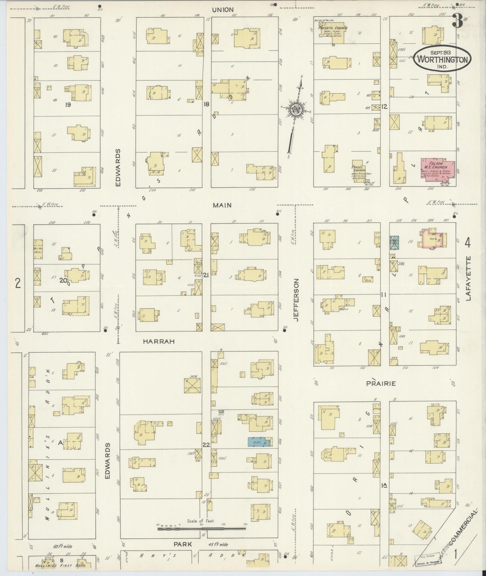 Sanborn Fire Insurance Map from Worthington, Greene County, Indiana (1913), Sheet #0003 - Complete Map Set gallery image, historic Sanborn map, vintage wall art, Indiana Indiana