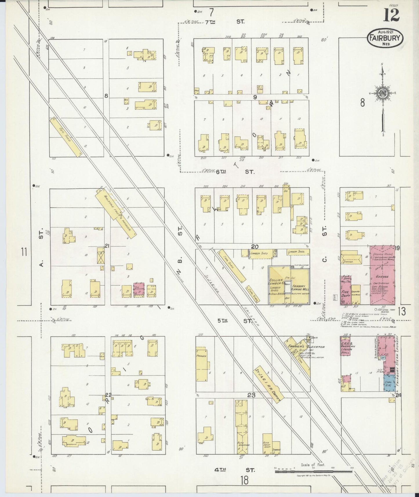 Sanborn Fire Insurance Map from Fairbury, Jefferson County, Nebraska (1921), Sheet #0012 - Historic Sanborn Fire Insurance Map Print, vintage old map wall art, antique decor, genealogy gift, Nebraska Nebraska map