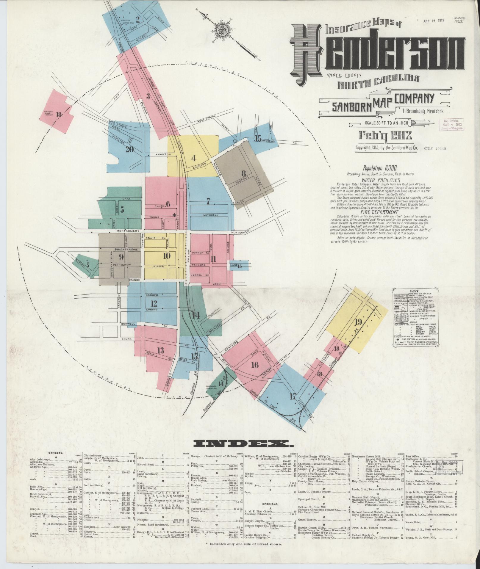 Sanborn Fire Insurance Map from Henderson, Vance County, North Carolina (1912), Sheet #0001 - Historic Sanborn Fire Insurance Map Print, vintage old map wall art, antique decor, genealogy gift, North Carolina North Carolina map