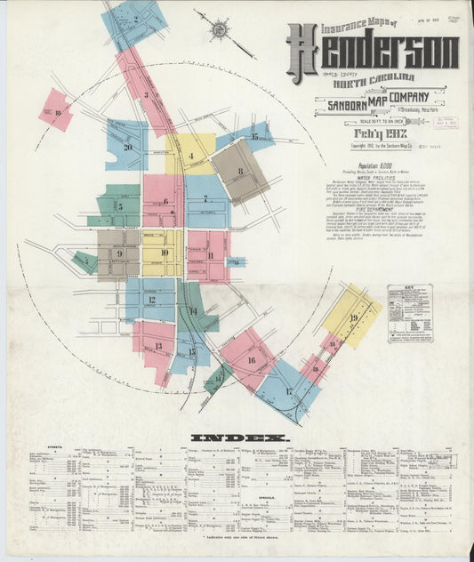Sanborn Fire Insurance Map from Henderson, Vance County, North Carolina (1912), Sheet #0001 - Historic Sanborn Fire Insurance Map Print, vintage old map wall art, antique decor, genealogy gift, North Carolina North Carolina map