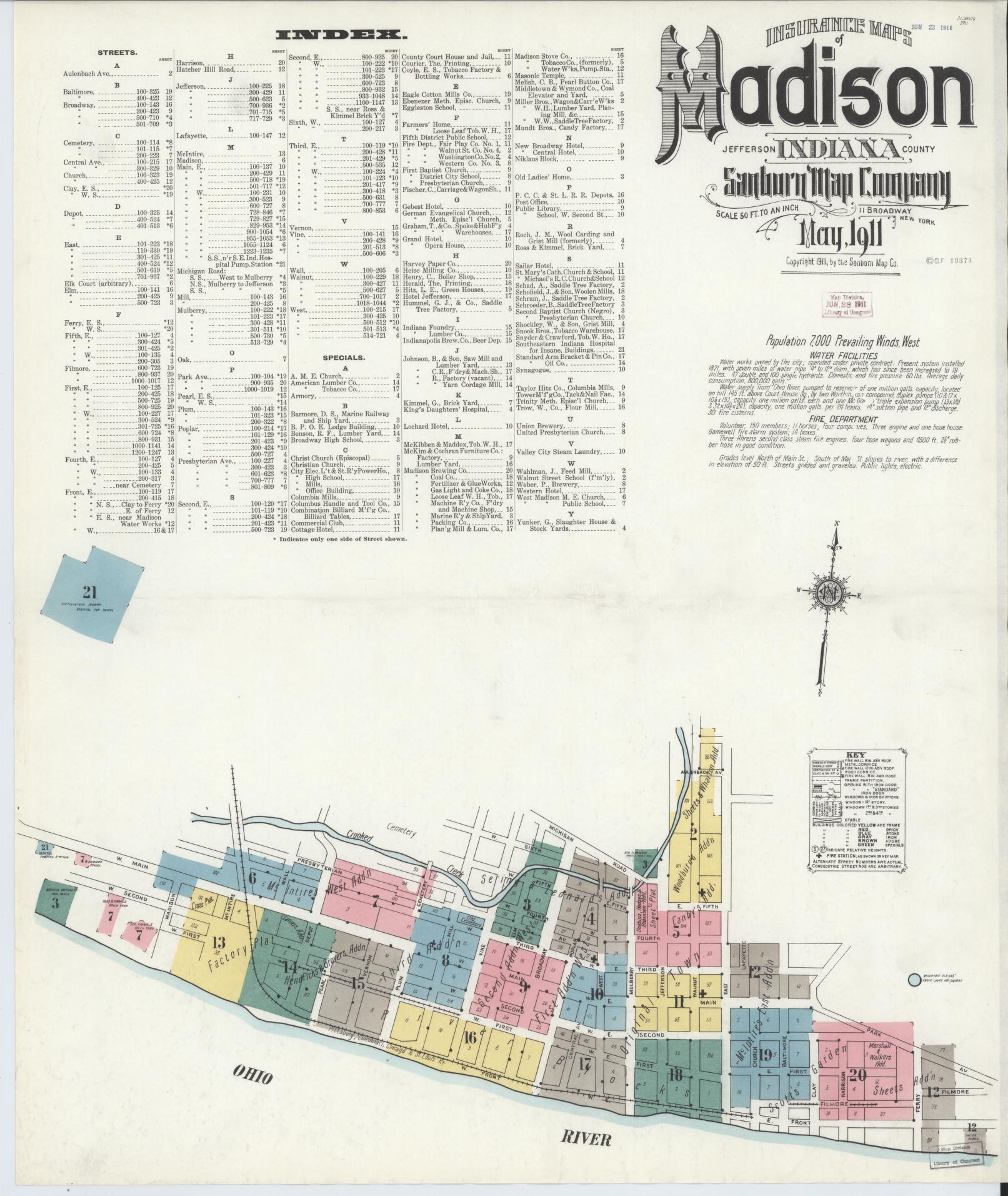 Sanborn Fire Insurance Map from Madison, Jefferson County, Indiana (1911), Sheet #0001 - Complete Map Set gallery image, historic Sanborn map, vintage wall art, Indiana Indiana